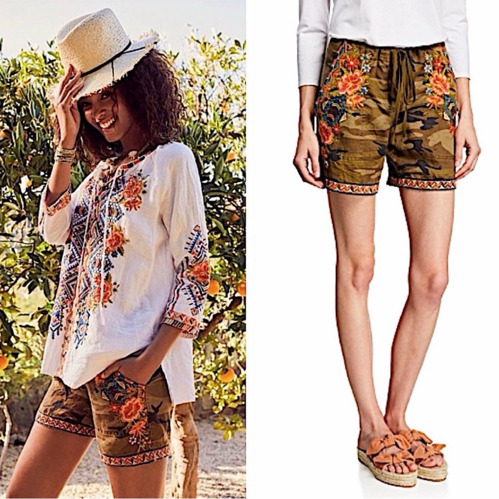 JOHNNY WAS LOS ANGELES LINEN CAMO FLORAL EMBROIDERED SHORTS BOHO